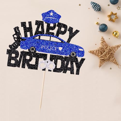 Black Glitter Police Car & Officer Cake Topper - Kids Birthday Party