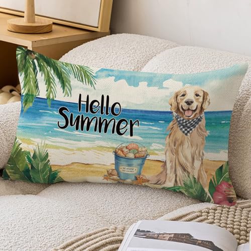 Golden Retriever Dog Lumbar Pillow Cover 12x20 Inch - Beach Decor