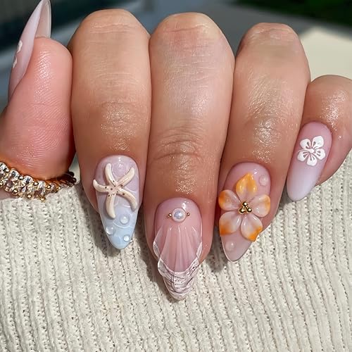 Quezadyl 3D Flower Press On Nails Medium Almond Shell Rhinestone False Nails