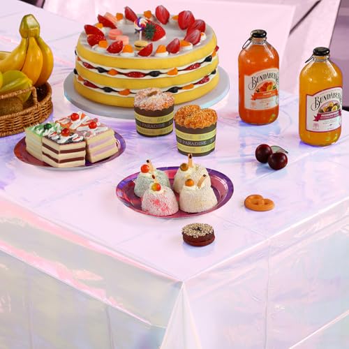 3 Pack Iridescent White Plastic Tablecloths - 40 x 108 Inch Disposable Covers for Parties