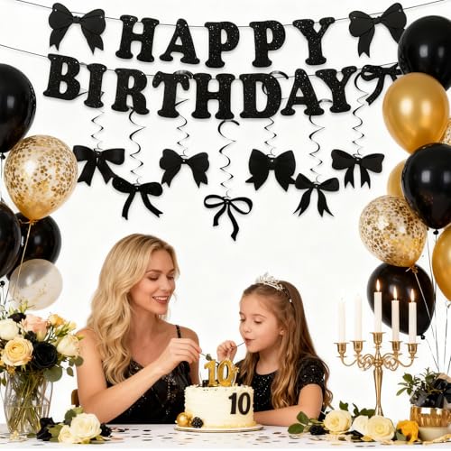Black Happy Birthday Banner with Hanging Bow Swirls Decor