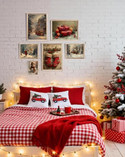 Christmas Wall Art Decor Set of 6 - Unframed Retro Santa Claus Prints, 14x11 Inches