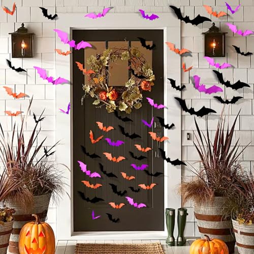 FANDAMEI 140PCS Halloween Bat Wall Decor - Black, Purple, Orange, 3D Indoor Outdoor Bat Stickers for Party & Home