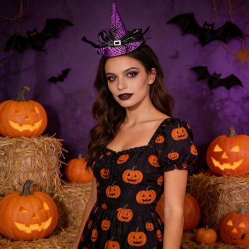 Doneace Halloween Witch Hat Headband Spiderweb Hair Hoop Costume Prop