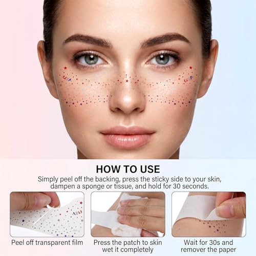 Gemoioio 4th of July Glitter Temporary Tattoos – 8 Sheets Waterproof Red White Blue Star Face Stickers for Independence Day Party Supplies