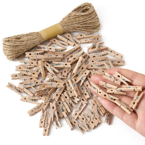 Natural Mini Wooden Clothespins Set with Jute Twine - 100 Pcs
