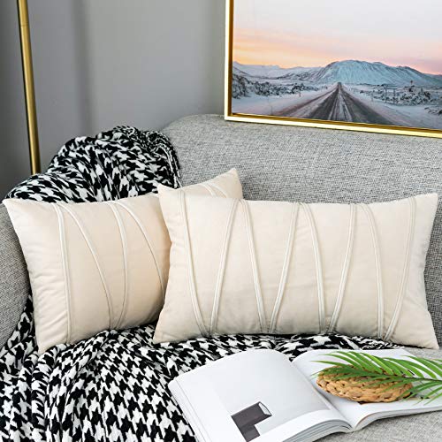 Natus Weaver Ivory Velvet Throw Pillow Covers 12x20 Inch - Set of 2