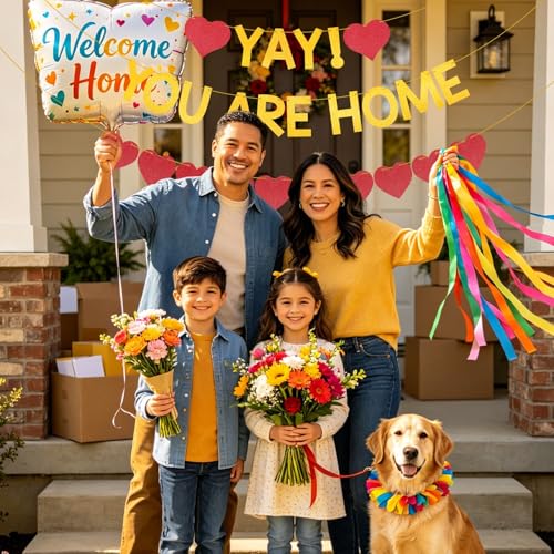 Yay! You Are Home Banner - Glitter Welcome Sign with Hearts