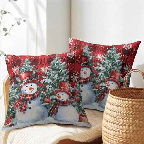 18x18 Inch Snowman Pillow Covers Set of 2 Red Check Christmas Holiday Decor