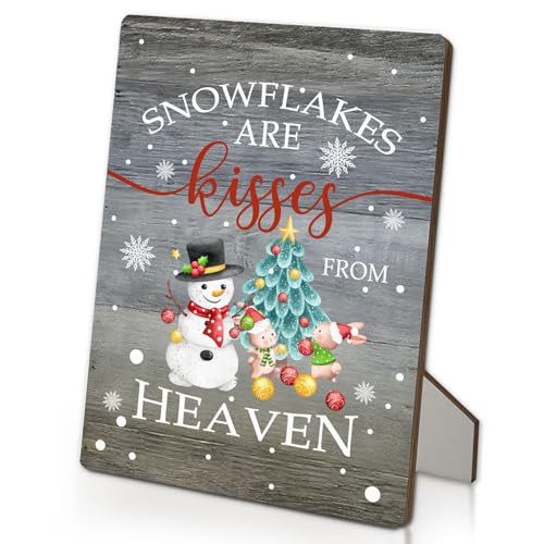 Christmas Snowman Decor Sign with Snowflakes - 5x7 Inch Wooden Winter Holiday Home Office Table Display Variation of Snowflakes