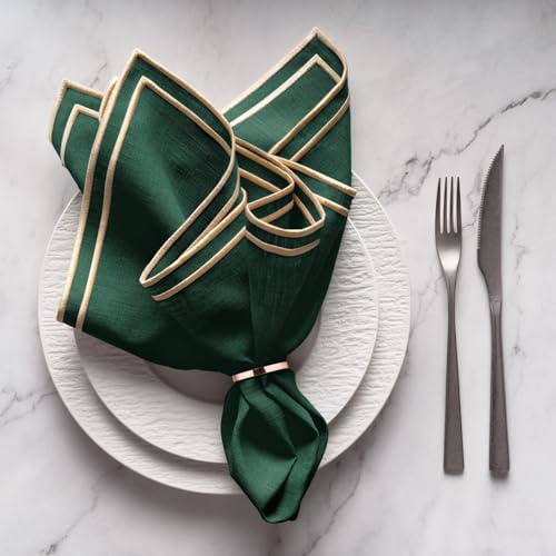 Green Linen Napkins Set of 4 - 20x20 Inch Embroidered Gold Edge - Washable