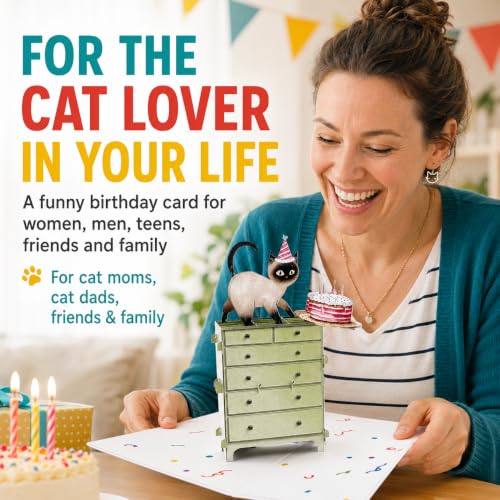 Siamese Cat Pop Up Birthday Card - Funny 3D Cat Lover Greeting Card (5x7)