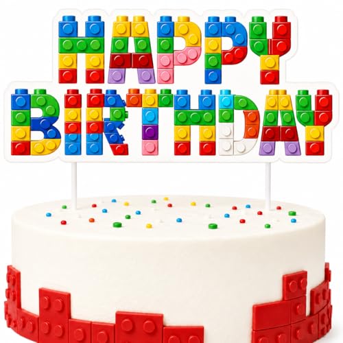Building Block Happy Birthday Cake Topper - Colorful Brick Party Decor