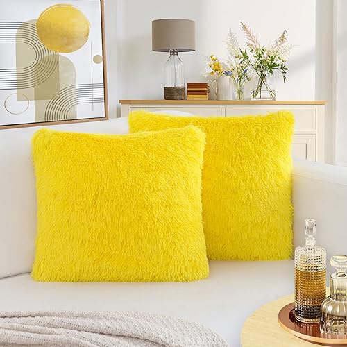 Yellow Faux Fur Throw Pillow Covers Set of 2 - 18x18 Inch