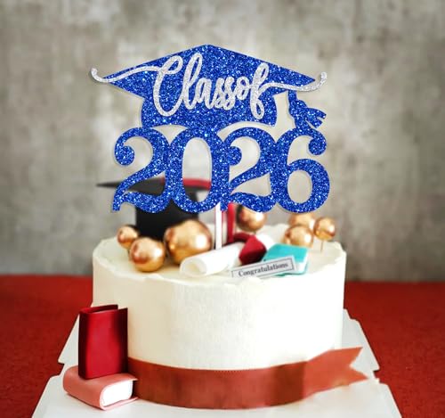 Class of 2026 Graduation Cake Topper - Blue & Silver Glitter