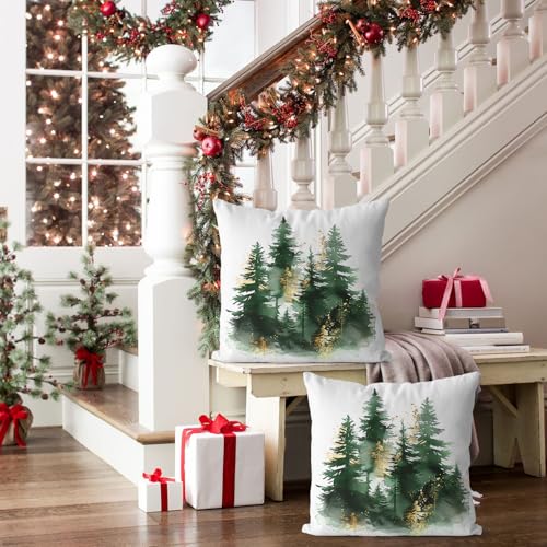 Artmag Christmas Pillow Covers Set of 2, 18x18 Inch Green Gold
