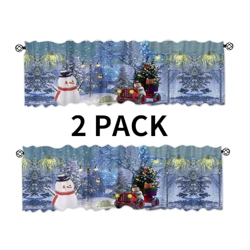 Blue 54x18 Inch 2 Panel Window Valance – Rustic Xmas Snowflake Pine Tree Snowman