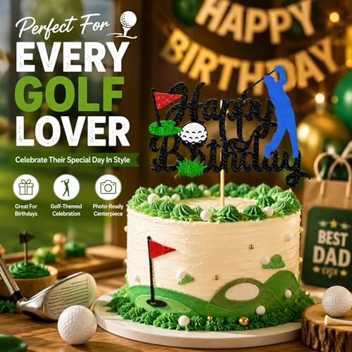 Golf-Themed Happy Birthday Cake Topper with Glitter Cardstock