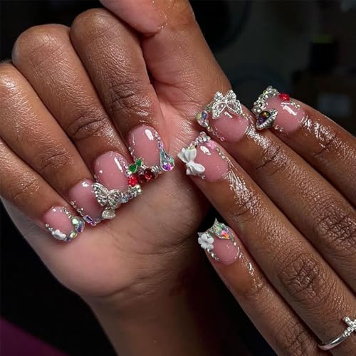 Pink Press on Nails Short Square False Nails with Rhinestones and Butterfly Charms 24Pcs