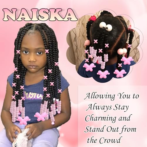 NAISKA 60Pcs Pink Hair Beads and Butterfly Clips for Kids Braids