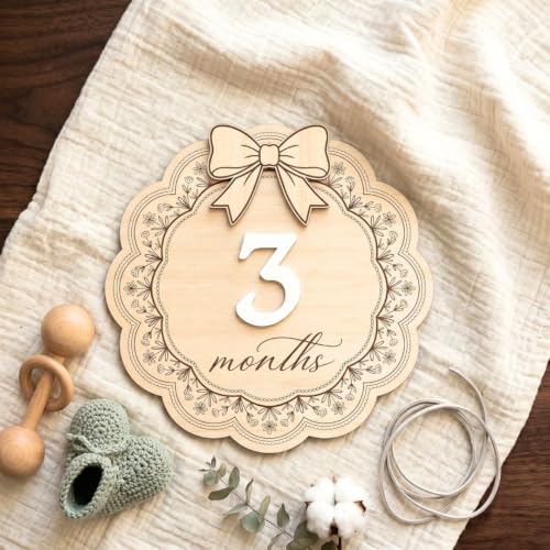 3D Baby Monthly Milestone Signs - Girls 1-12 Months with Wooden Bow