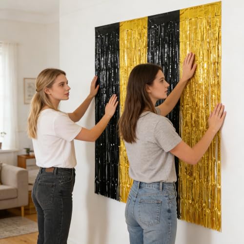 2-Pack Black and Gold Graduation Foil Fringe Curtain Backdrop - 2026