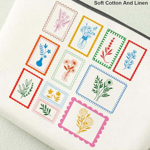 Decohim Boho Floral Postage Stamp Makeup Bag - Cotton Linen Travel Toiletry Pouch