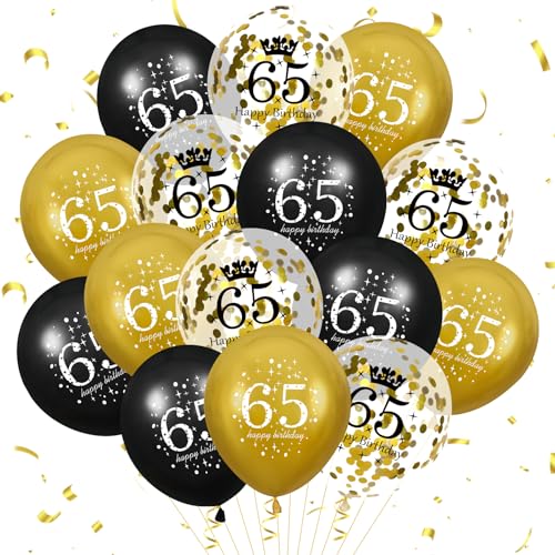 65th Birthday Balloons Set - 15Pcs Black and Gold Latex Decorations