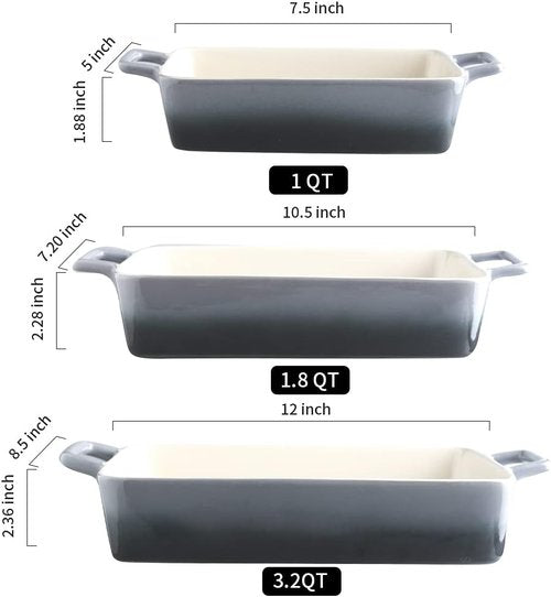 KOOV Bakeware Set - Ceramic Baking Dish with Rectangular Pans | 3-Piece Gradient Gray Set, 12 x 8.5 Inches