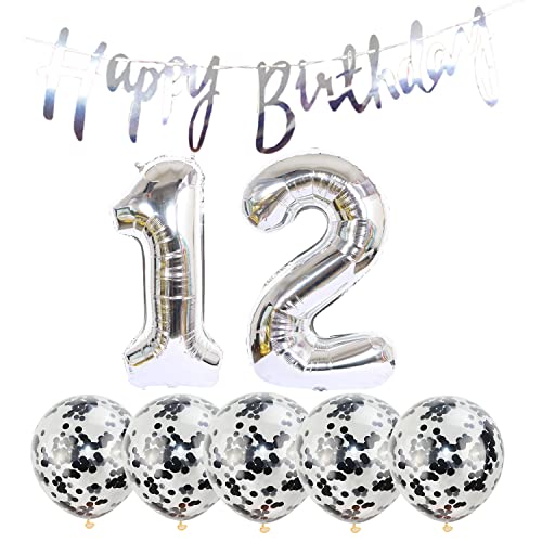 Silver 12th Birthday Decoration Kit with Foil Balloons & Banner
