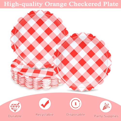 48 Pcs 7" Red Gingham Paper Plates, Disposable Checkered Party Tableware