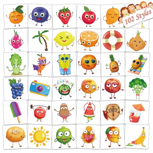 UVUXO 102 Pcs Summer Fruit Temporary Tattoos for Kids Hawaiian Beach Party