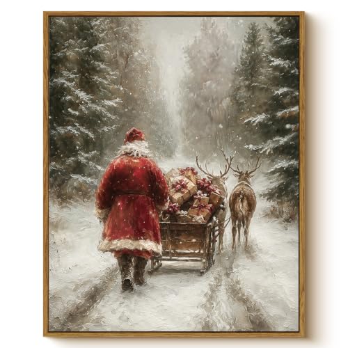 Santa Claus Wall Art Canvas Print 16x20 Framed Christmas Scene with Deer & Santa
