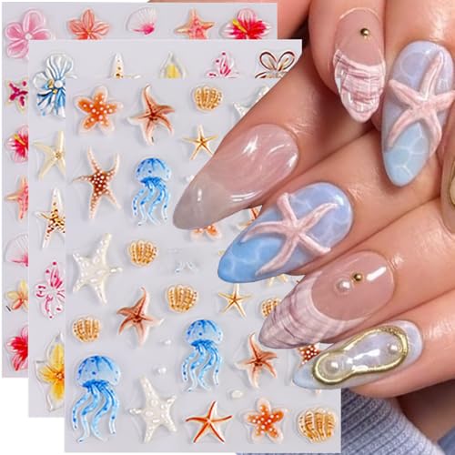 5D Embossed Ocean Summer Nail Art Stickers 3-Sheet Starfish Shell Decals