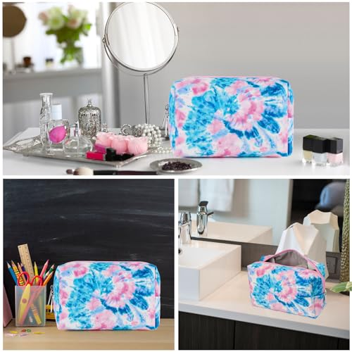 Tie Dye Blue Makeup Bag for Girls - Waterproof Travel Cosmetic Pouch