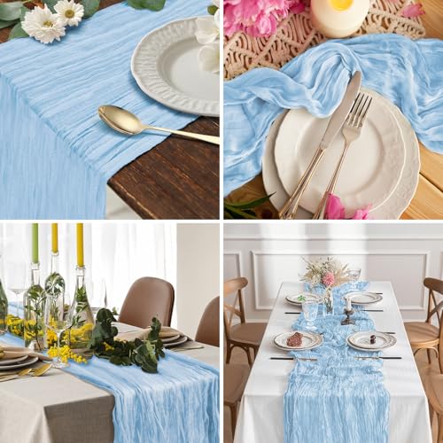 Light Blue Cheesecloth Table Runner - 10ft Boho Rustic Design