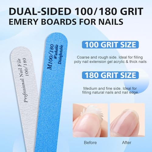 BALUCA Professional Nail Files & Buffers 10-Pack - 100/180 Grit Emery Boards for Acrylic & Natural Nails (Blue)