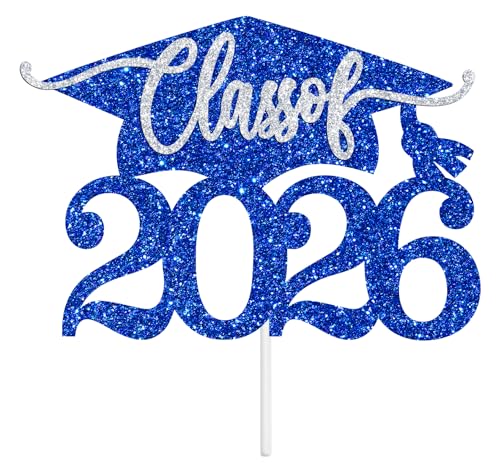 Class of 2026 Graduation Cake Topper - Blue & Silver Glitter