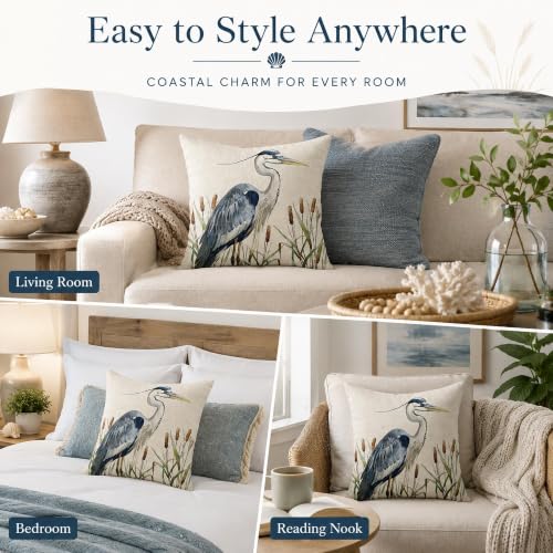 Watercolor Heron Throw Pillow Cover 18" x 18" - Blue Heron Design