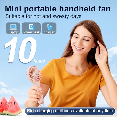 QQT Mini Handheld Fan - Pink USB Rechargeable with 3 Speeds