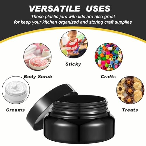 Black Plastic Cosmetic Jars with Lids and Labels 5 oz Refillable Containers