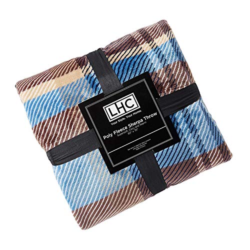 Lavish Home Poly Fleece Sherpa Throw - Oversized Plush Woven Polyester Sofa and Bed Blanket - Breathable and Machine Washable (Blue/Brown Plaid)