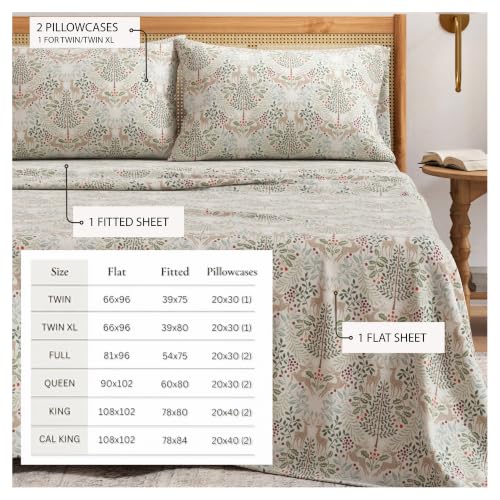 Twin Size Christmas Flannel Sheet Set - Woodland Deer Holiday Bedding - Ultra-Soft Turkish Cotton, Double-Brushed Winter Bed Sheets