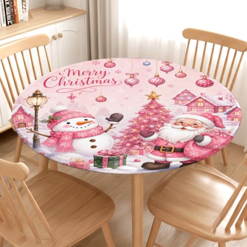 Pink Christmas Round Fitted Tablecloth with Elastic for 40-44 inch Tables - Winter Snowman Design