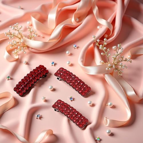 SelHeng Red Rhinestone Hair Clips Set of 4 Luxury Korean Hair Barrettes