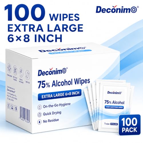 75% Ethyl Alcohol Extra Large Sanitizing Wipes - 100 Individually Wrapped 6x8 Inch Wipes for Travel, Office & Home