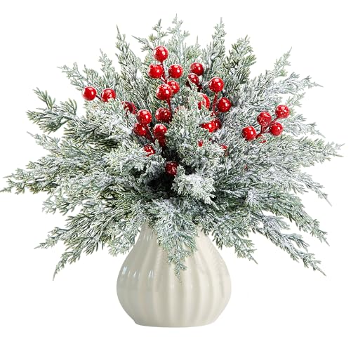 Snowy Christmas Pine Branches & Red Berry Stems - 60 Pcs Artificial Holiday Foliage - Watayo Snow Style