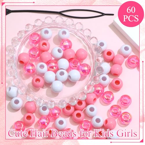 NAISKA 60Pcs Pink and White Hair Beads for Kids Girls Braid Accessories