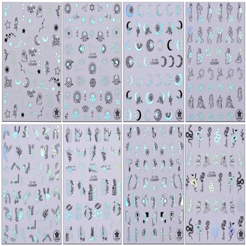 TBRZTR 8 Sheets Laser Silver Nail Art Stickers 3D Self-Adhesive Sun Moon Flower Decals