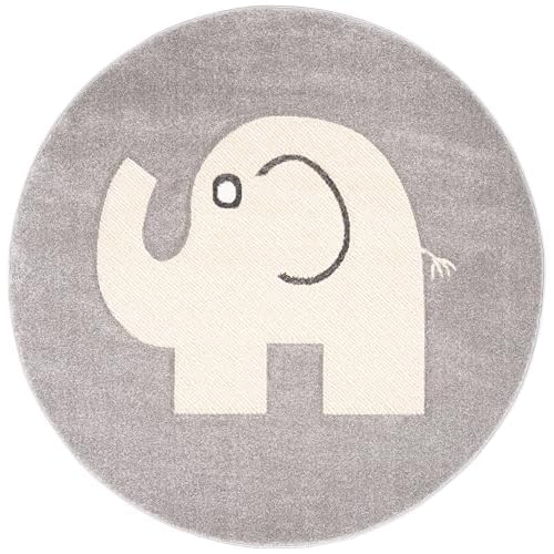 SAFAVIEH Carousel Kids Collection Area Rug - 3' Round, Grey & Ivory, Elephant Design, Non-Shedding & Easy Care, Ideal for High Traffic Areas for Boys & Girls in Playroom, Nursery, Bedroom (CRK165B)